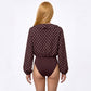 Polka Dot Ruffle V Neck Long Sleeve Blouson Bodysuit