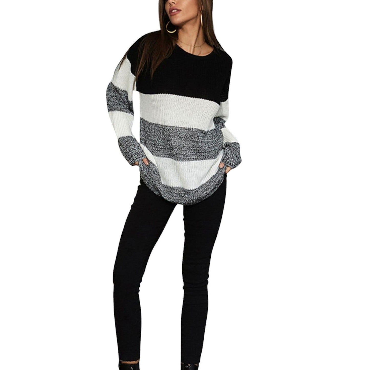 Off-Shoulder Color Block Knit Sweater with Long Sleeves