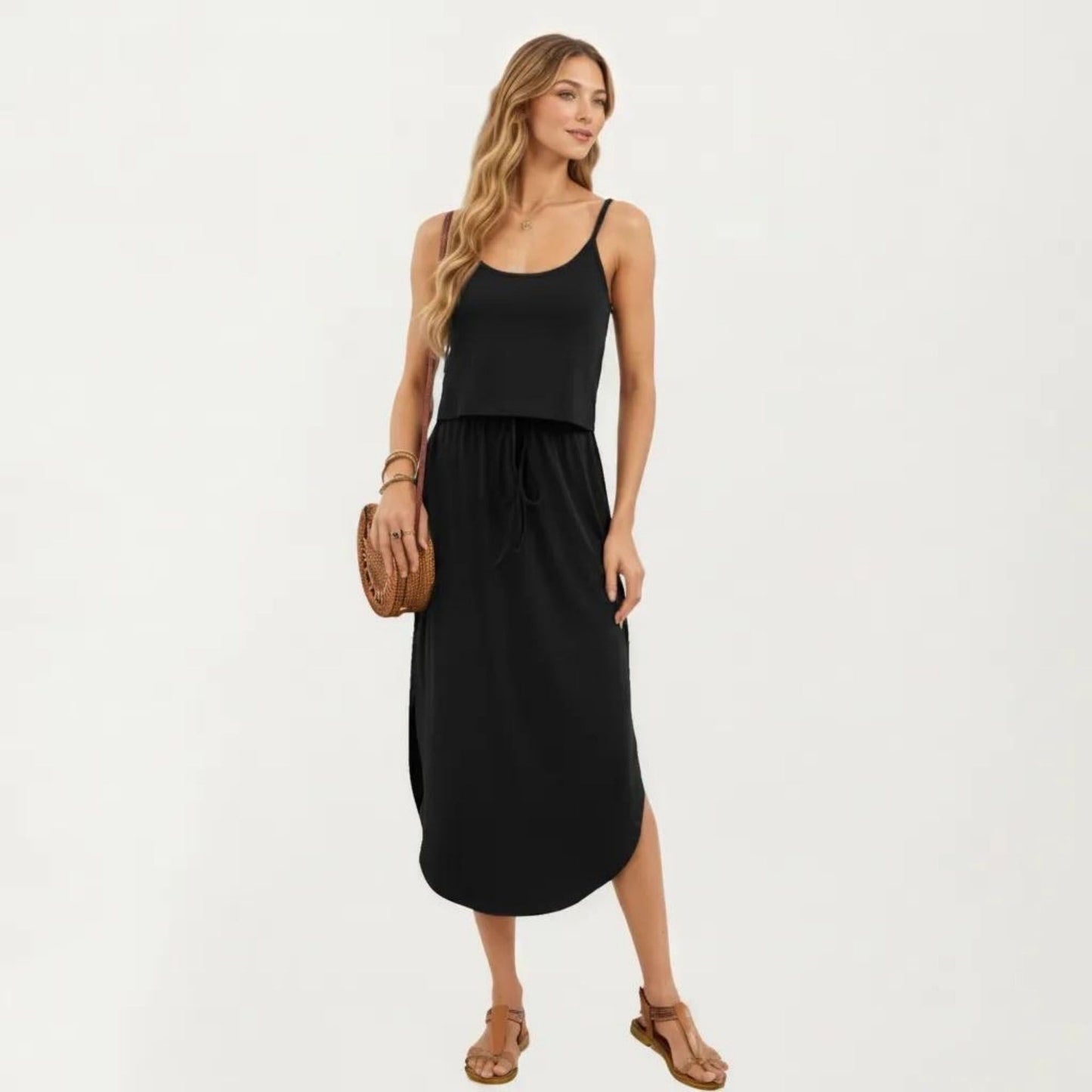 Sleeveless Midi Dress with Spaghetti Straps and Adjustable Drawstring Waist Relaxed Fit Silhouette