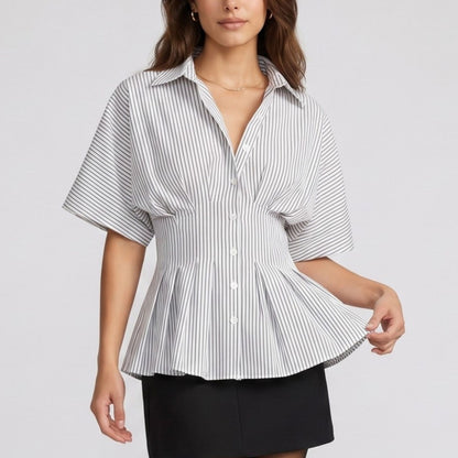 Striped Button Front Peplum Blouse with Collared Neck and Pleated Hem