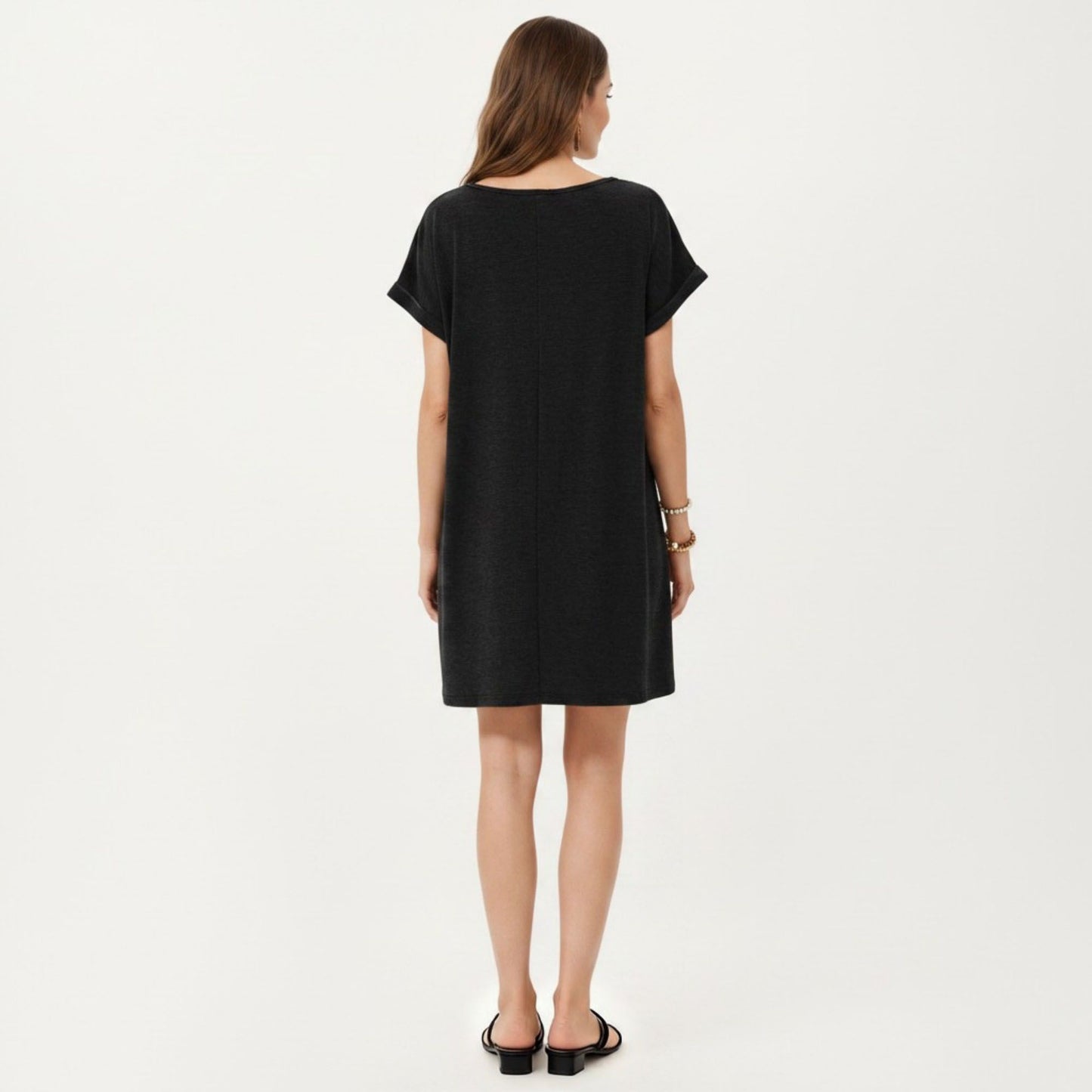 Short Sleeve Shift Dress with Split V Neck Embroidered Detail Relaxed Fit Casual Tunic Dress