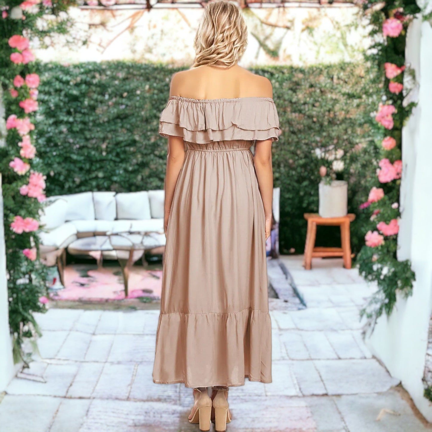 Off Shoulder Double Ruffle Elastic Waist Maxi Flared Dress