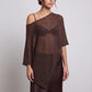 Sheer Open Knit Asymmetrical Poncho Top with One Shoulder Neckline, Draped Sleeve and Pointed Hem