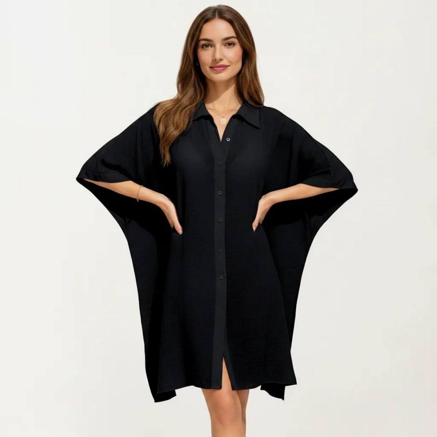 Button Front Swim Cover Up Shirt Dress Loose Lightweight Beach Kaftan