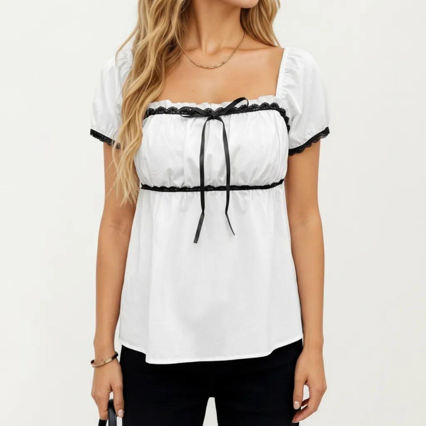 French Style Lace Trim Puff Sleeve Empire Waist Blouse