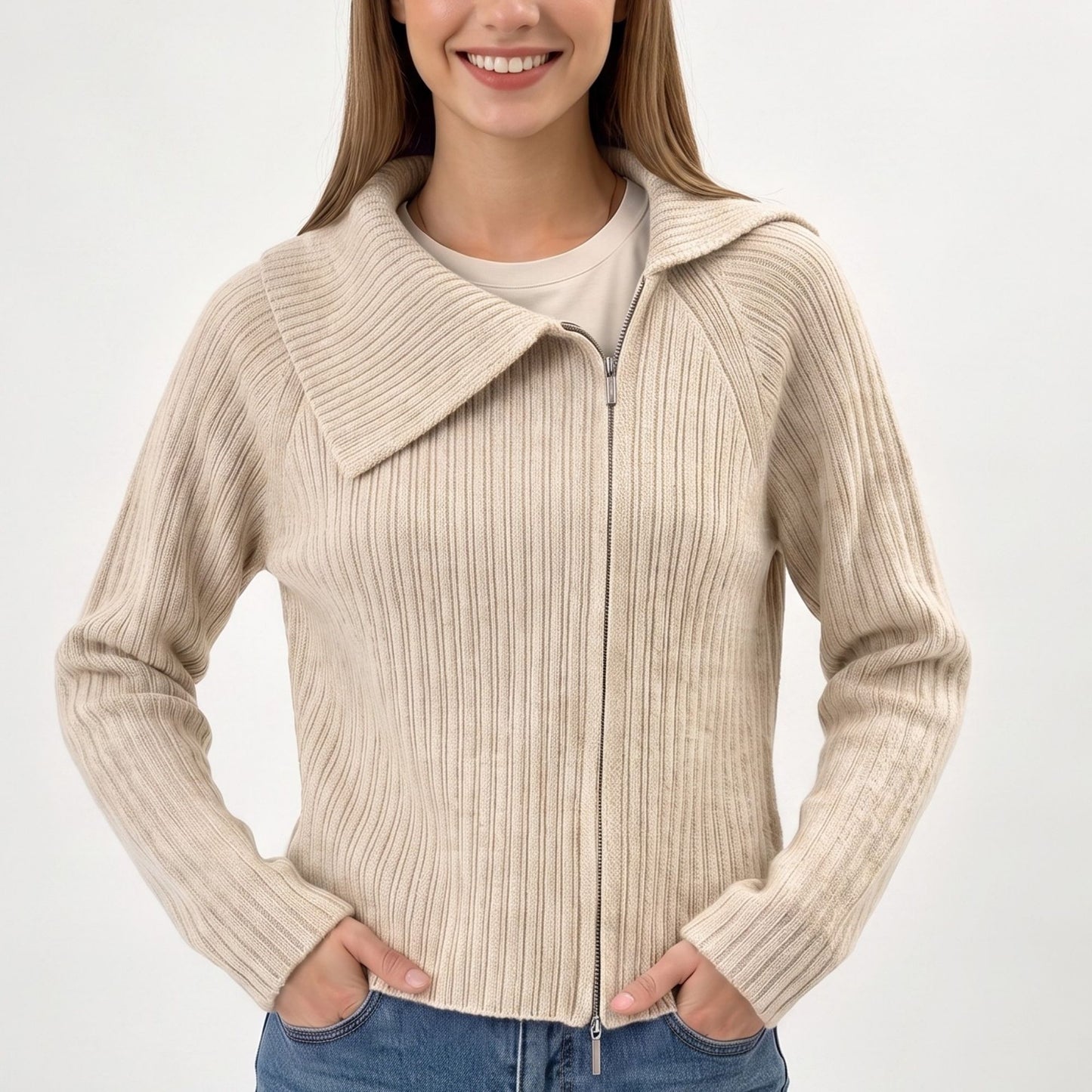 Ribbed Wide Collar Zip-Front Cardigan Sweater
