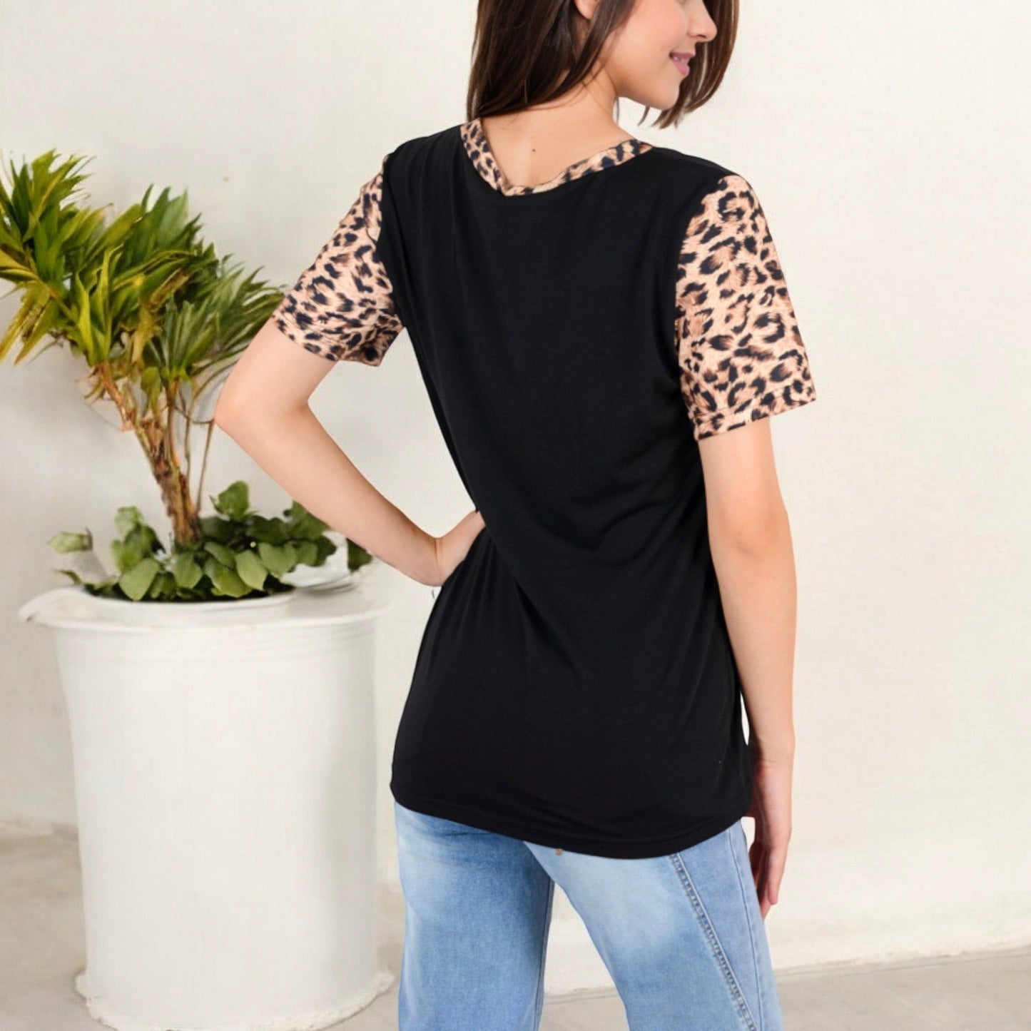 V-Neck Leopard Print Pocket Tee with Contrast Sleeves