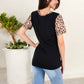 V-Neck Leopard Print Pocket Tee with Contrast Sleeves