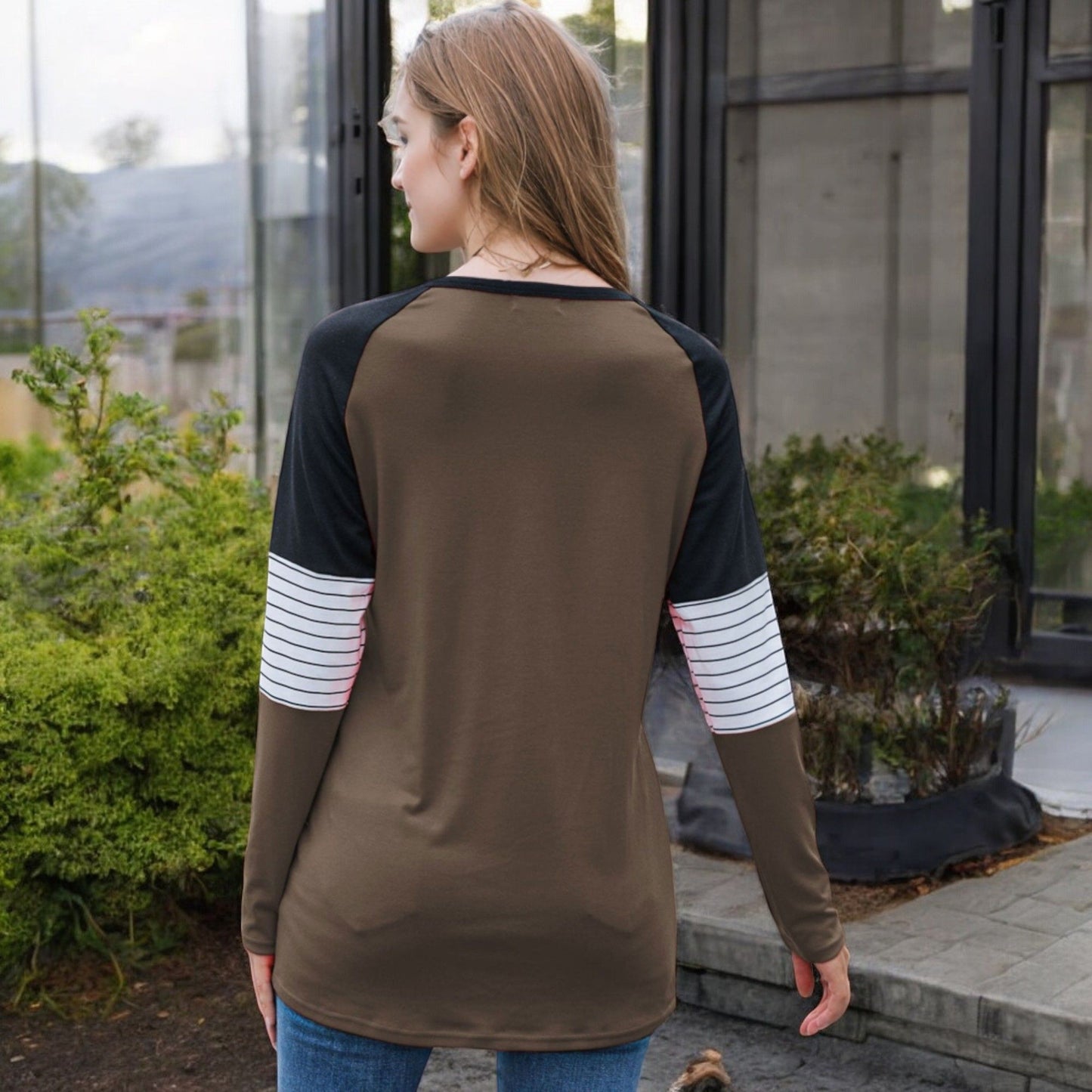 Long Sleeve Color Block Raglan Top Striped Sleeve Detail