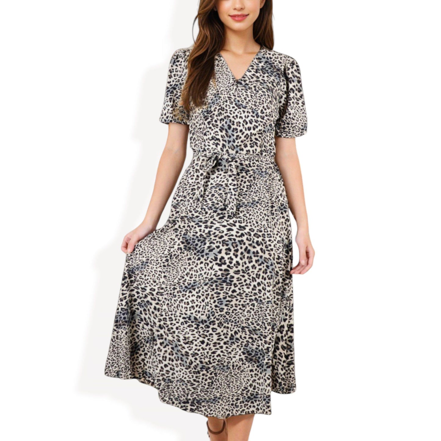 V-Neck Leopard Print Midi Dress with Short Sleeves Waist Tie