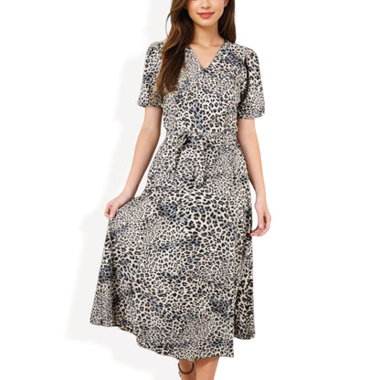 V-Neck Leopard Print Midi Dress with Short Sleeves Waist Tie