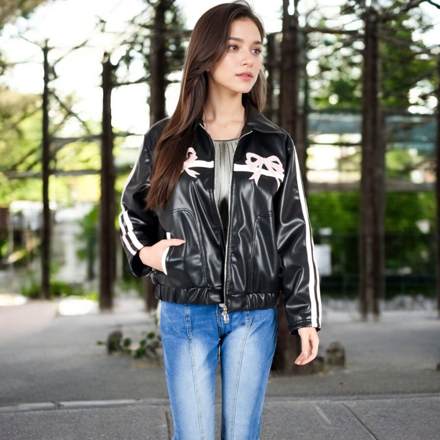 Faux Leather Jacket with Bow and Zipper Front Closure