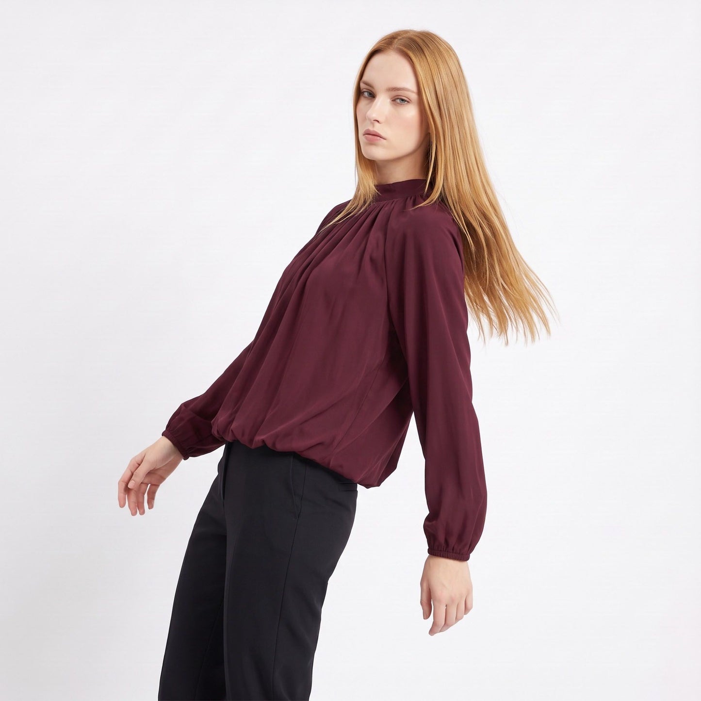 Mock Neck Blouson Long Sleeve Dressy Pullover Blouse