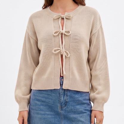 Tie Front Knit Cardigan Sweater with Long Sleeves