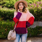 Off Shoulder Color Block Knit Sweater with Long Sleeves