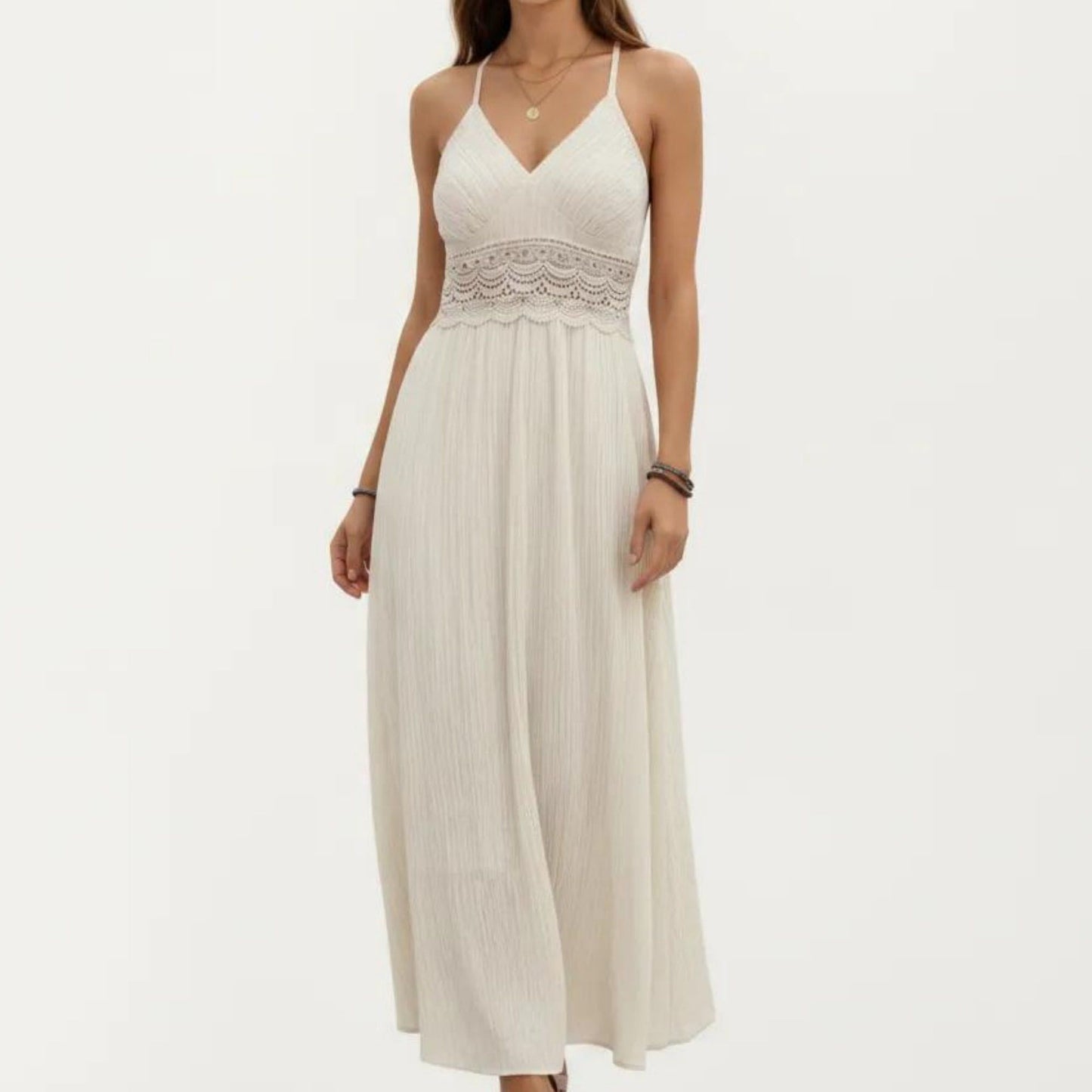 Sleeveless Maxi Dress with Lace Waist Detail Adjustable Straps Flowy Long Skirt Design