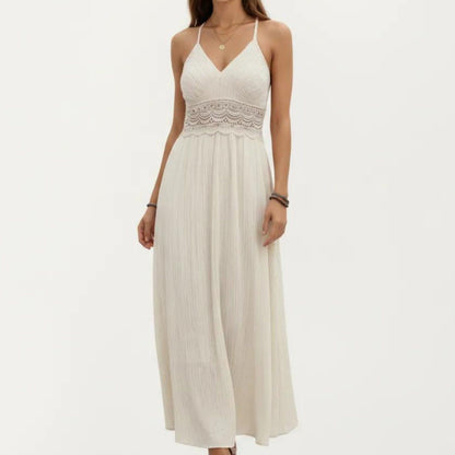 Sleeveless Maxi Dress with Lace Waist Detail Adjustable Straps Flowy Long Skirt Design