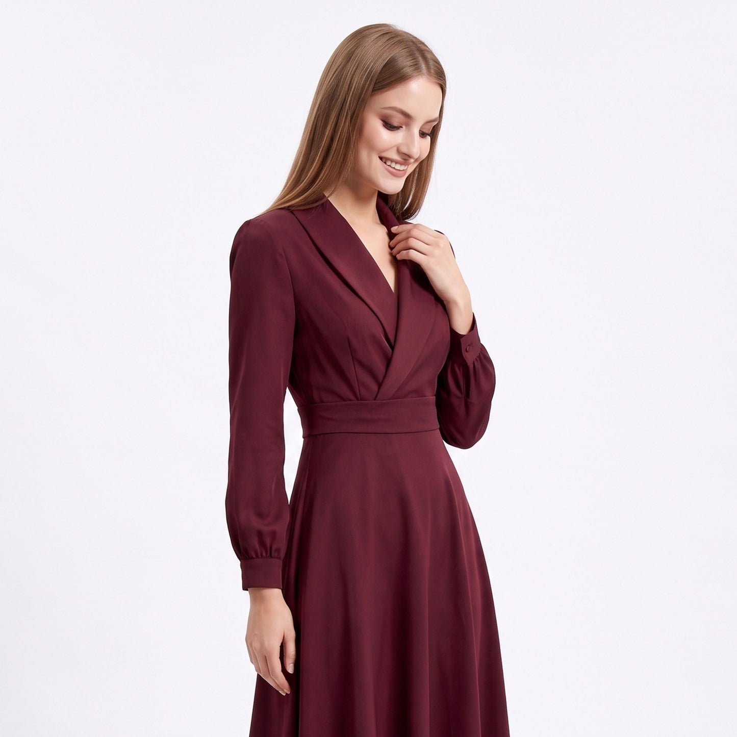 Long Sleeve Notched Collar Midi Dress with Defined Waist and Flared Skirt