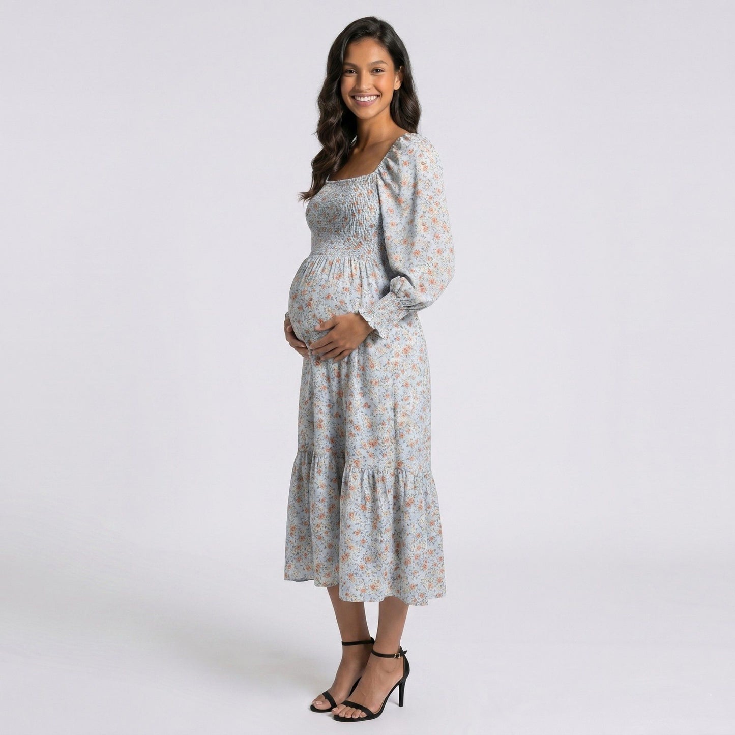 Maternity Floral Square Neck Midi Dress with Long Sleeves and Smocked Bodice