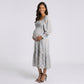 Maternity Floral Square Neck Midi Dress with Long Sleeves and Smocked Bodice