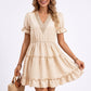 Swiss Dot V-Neck Lace Trim Tiered Ruffle Mini Dress