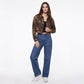 Leopard Print Cropped Denim Jacket Button Front Trucker Jacket with Chest Pockets