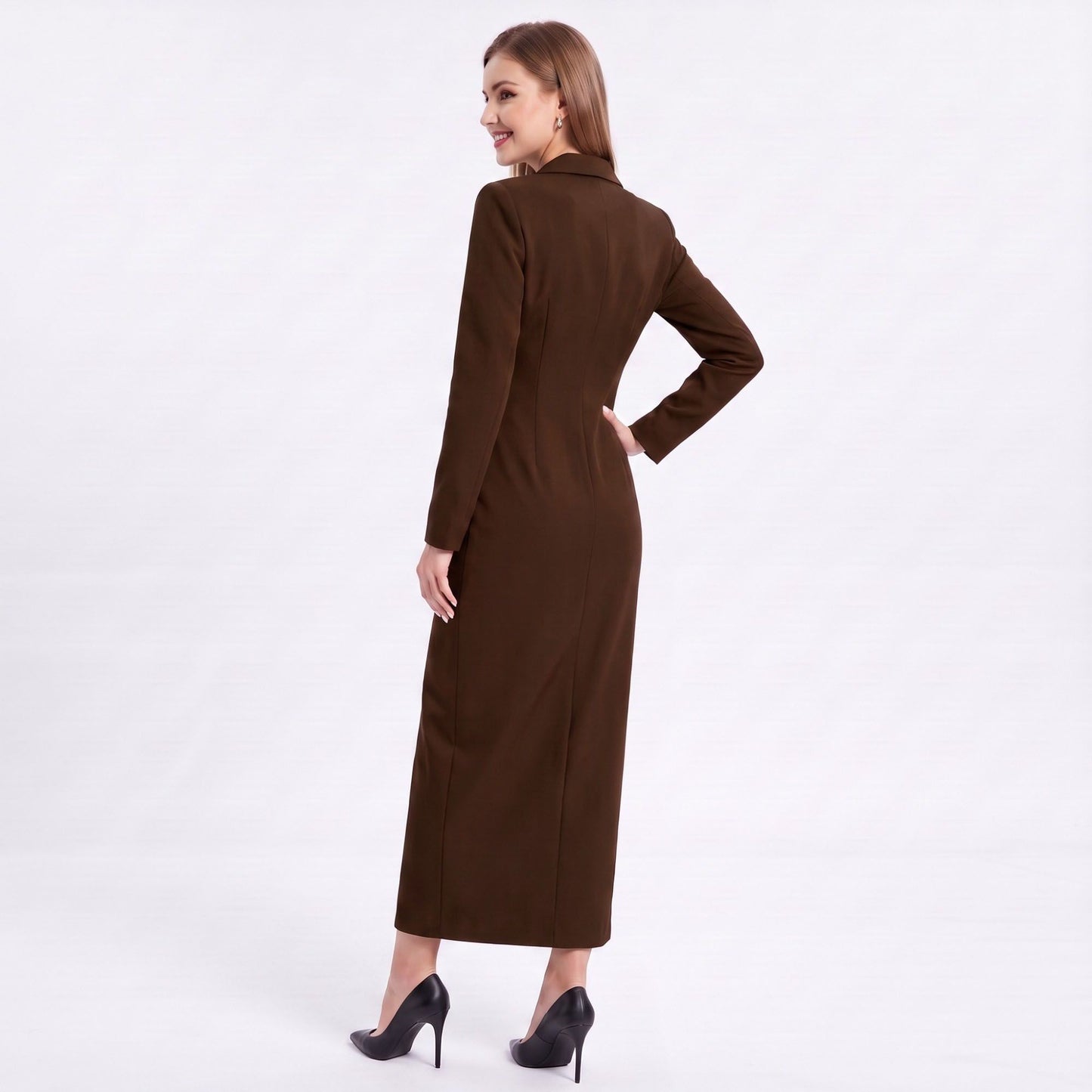 Long Sleeve Blazer Maxi Dress with Notched Lapels and Front Slit