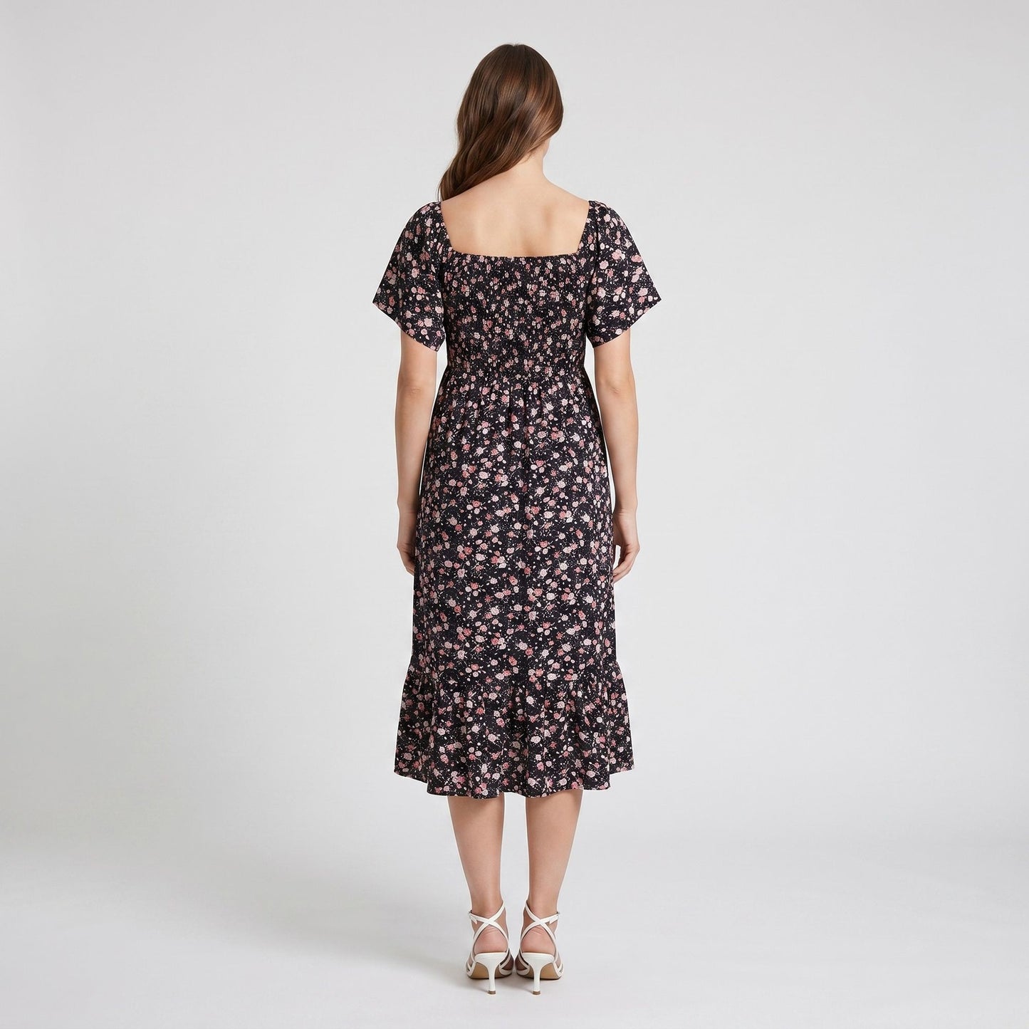 Maternity Floral Square Neck Midi Dress with Short Sleeves and Ruffle Hem