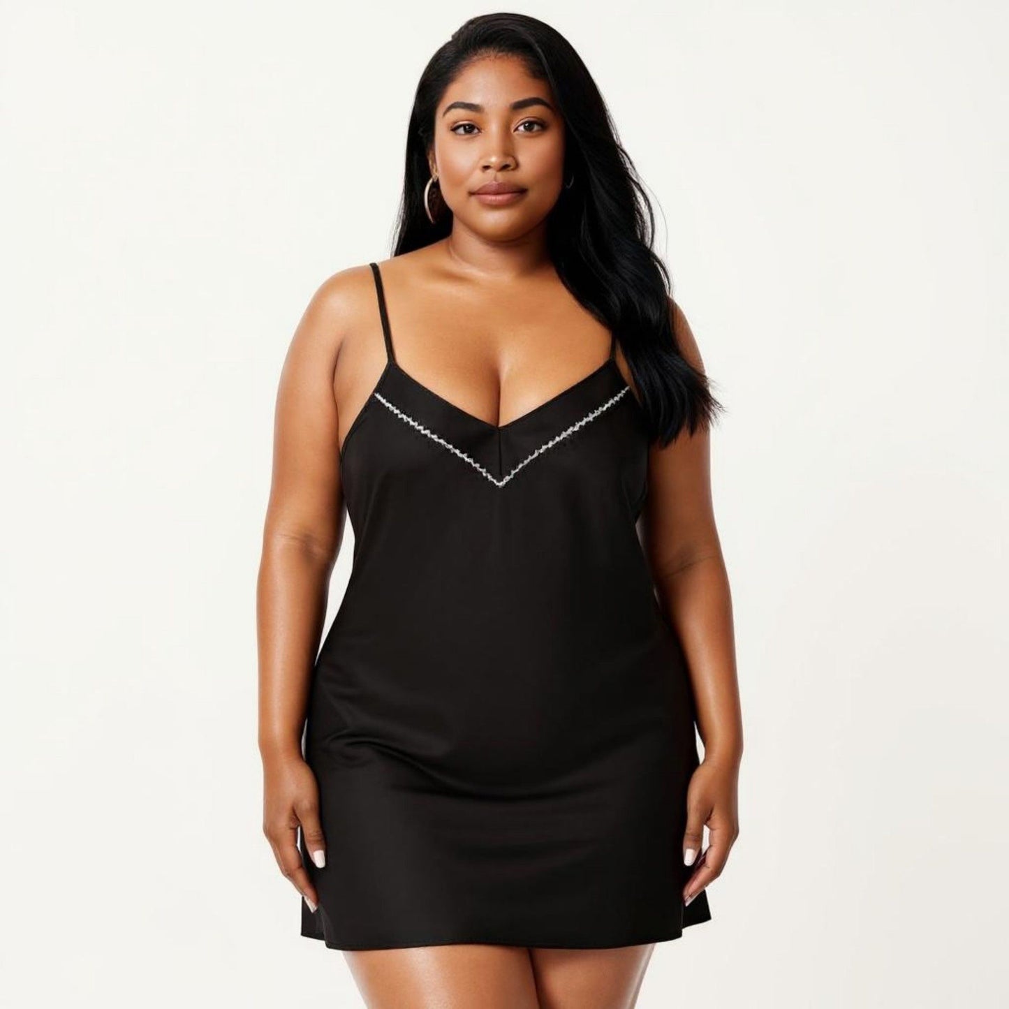 Plus Size V Neck Slip Nightgown Contrast Trim Spaghetti Strap Soft Satin Sleep Dress Short Chemise