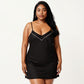 Plus Size V Neck Slip Nightgown Contrast Trim Spaghetti Strap Soft Satin Sleep Dress Short Chemise