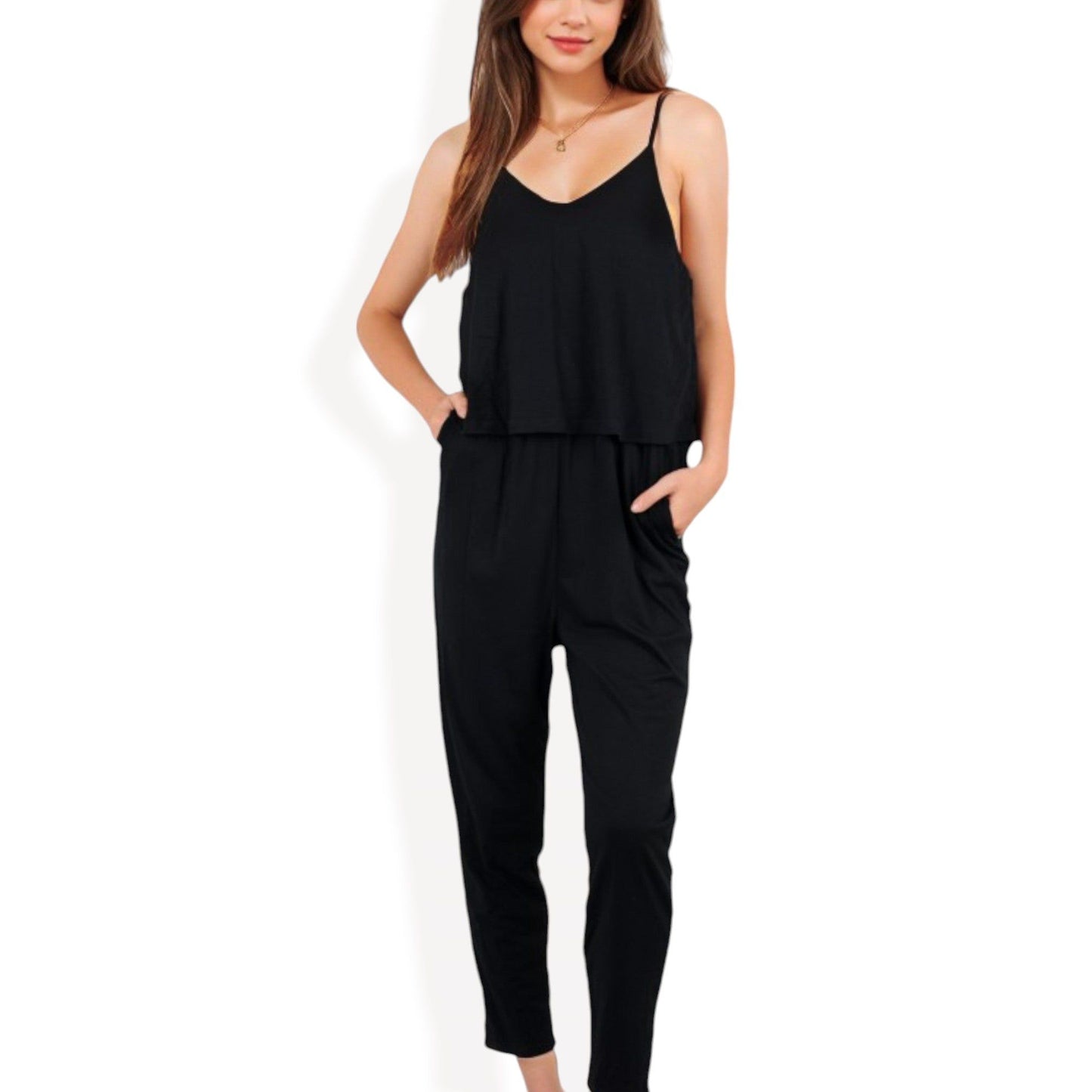 Spaghetti Strap Jumpsuit with Elastic Waist and Pockets