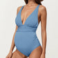 Maternity Ribbed One-Piece Swimsuit with Plunging Neckline and Ruched Waist