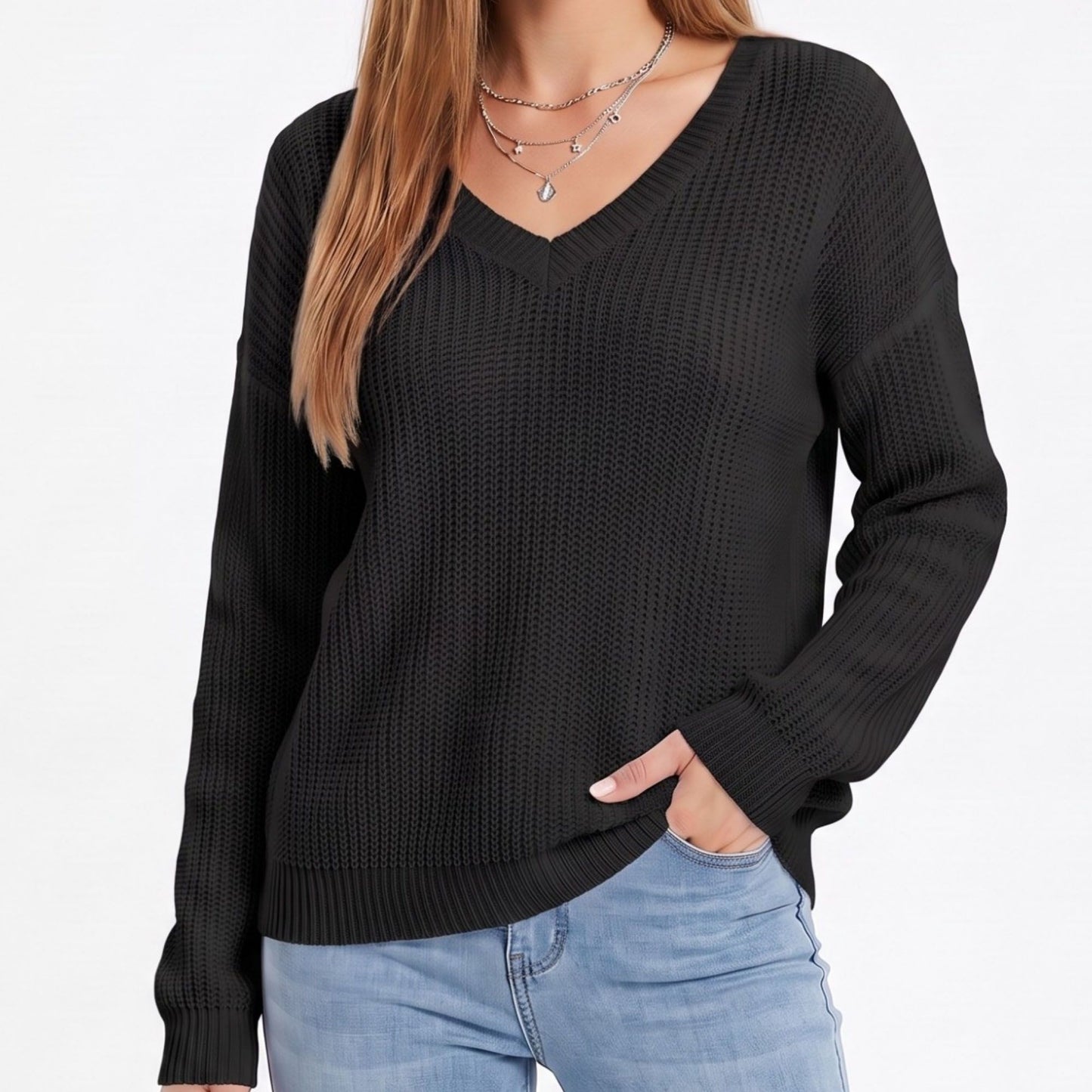 V Neck Textured Knit Pullover Sweater with Long Sleeves