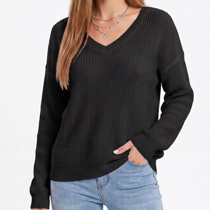 V Neck Textured Knit Pullover Sweater with Long Sleeves