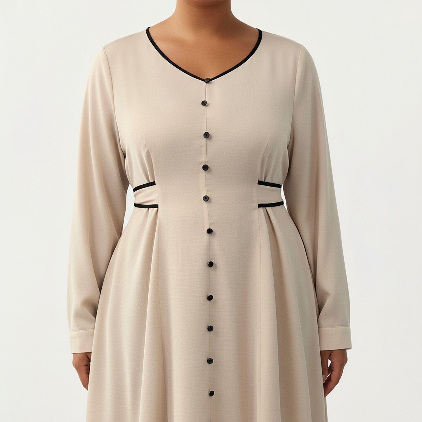 Plus Size Long Sleeve Button Front Maxi Dress with V Neckline Contrast Trim and Defined Waist Detail