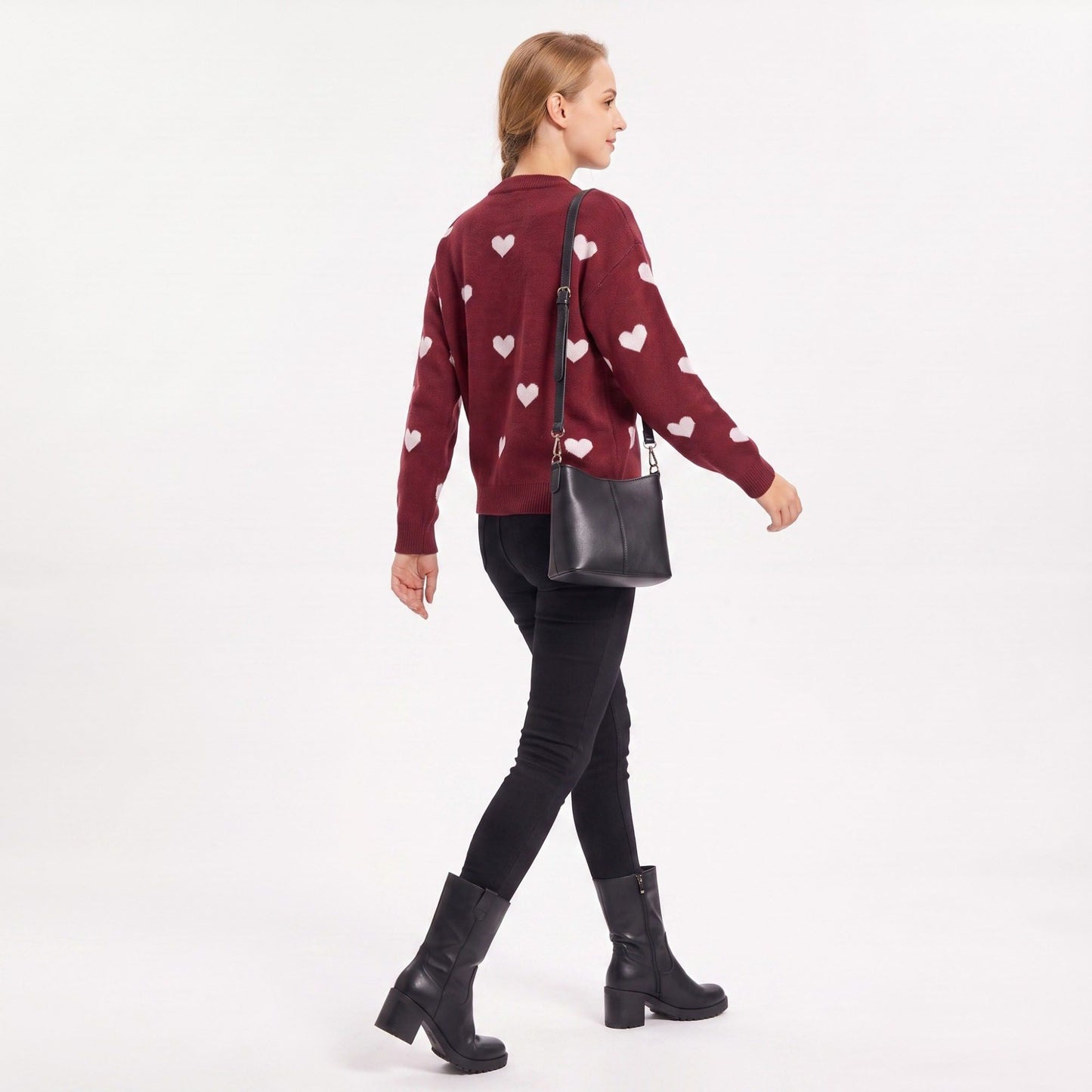 Heart Print Crew Neck Long Sleeve Knit Sweater