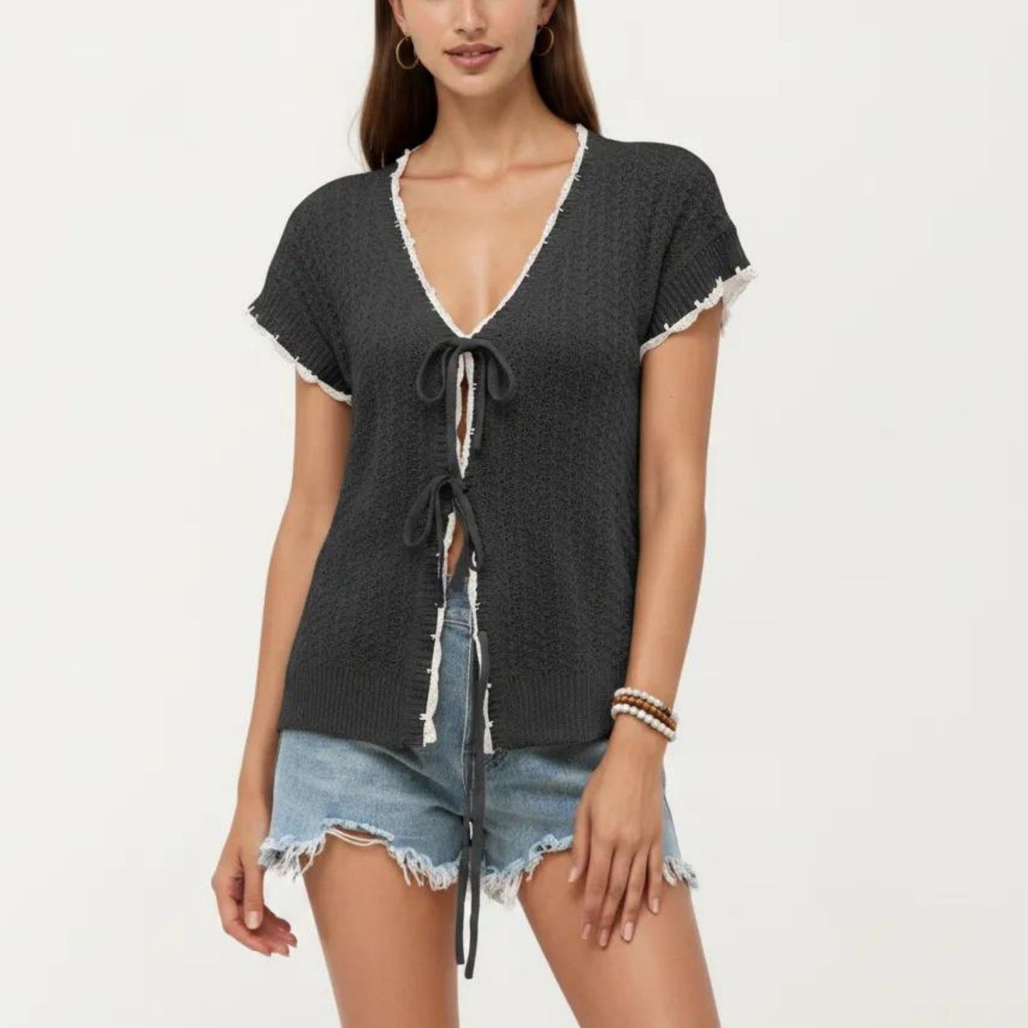Short Sleeve Knit Cardigan Top with V-Neck Tie Front and Contrast Trim