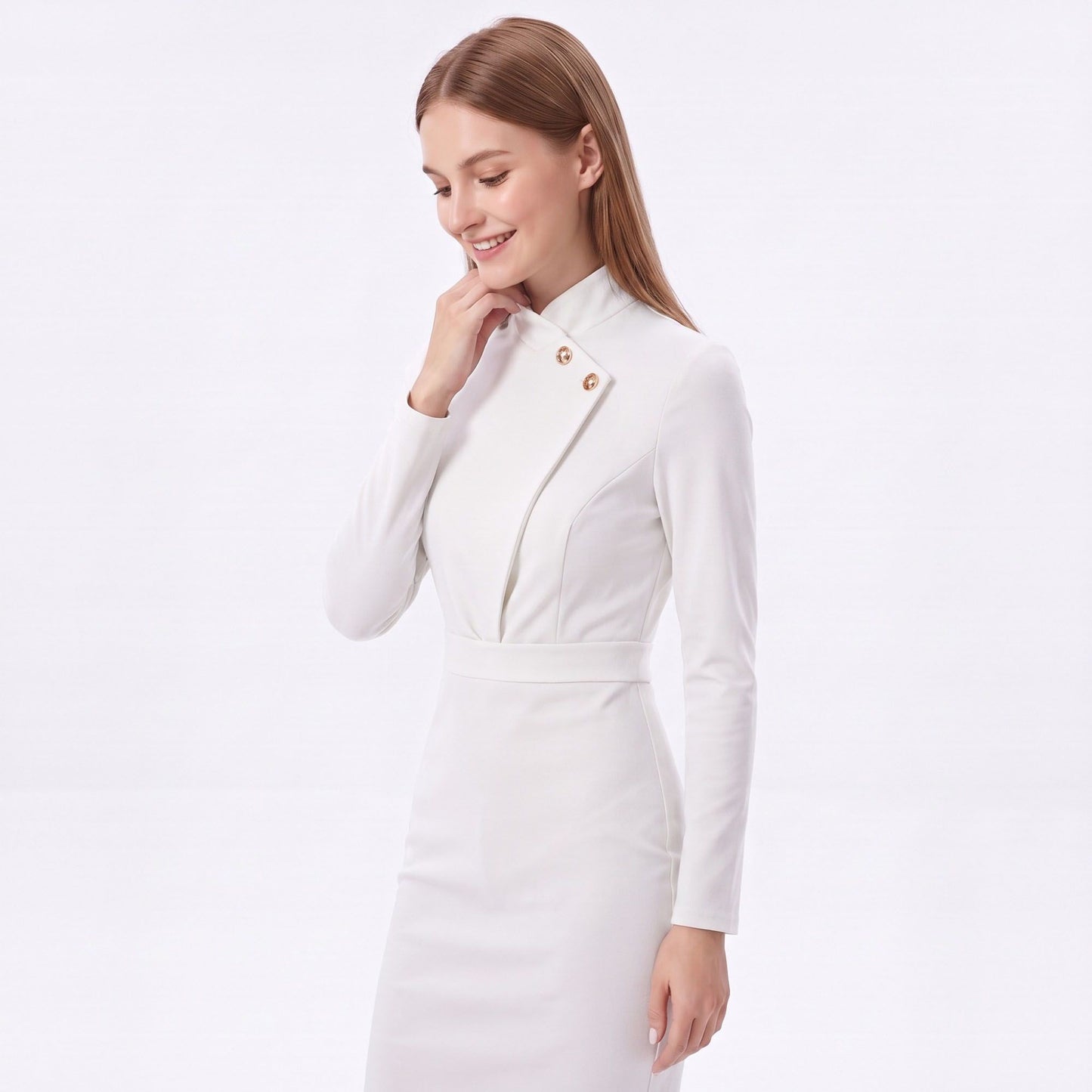 Long Sleeve Stand Collar Sheath Dress with Asymmetric Button Detail