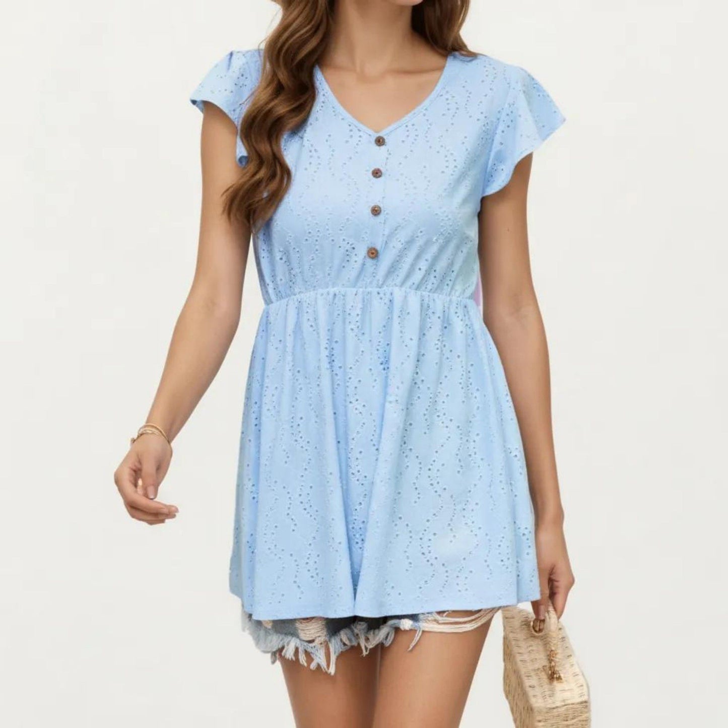 Eyelet Babydoll Top with V-Neckline Button Front and Flutter Sleeves