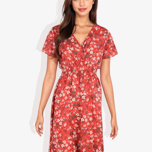 Cross Front Floral Print Dress with Smocked Waist