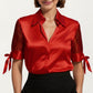 Satin Collared Blouse with Sheer Stripe Sleeves and Bow Tie Cuffs