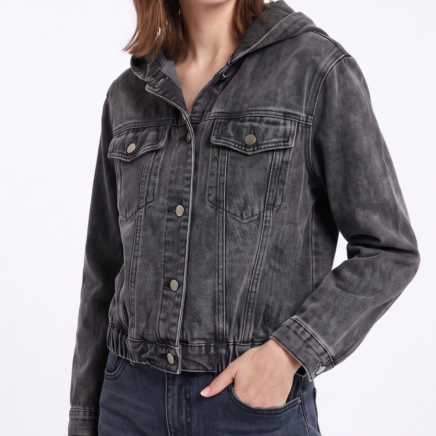 Hooded Denim Jacket Button Front Washed Casual Jean Jacket With Pockets
