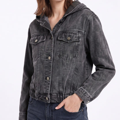 Hooded Denim Jacket Button Front Washed Casual Jean Jacket With Pockets