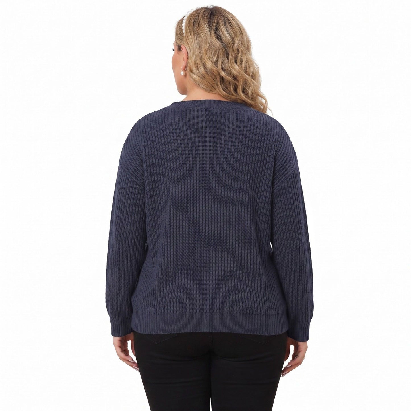 Plus Size Contrast Collar V-Neck Ribbed Sweater