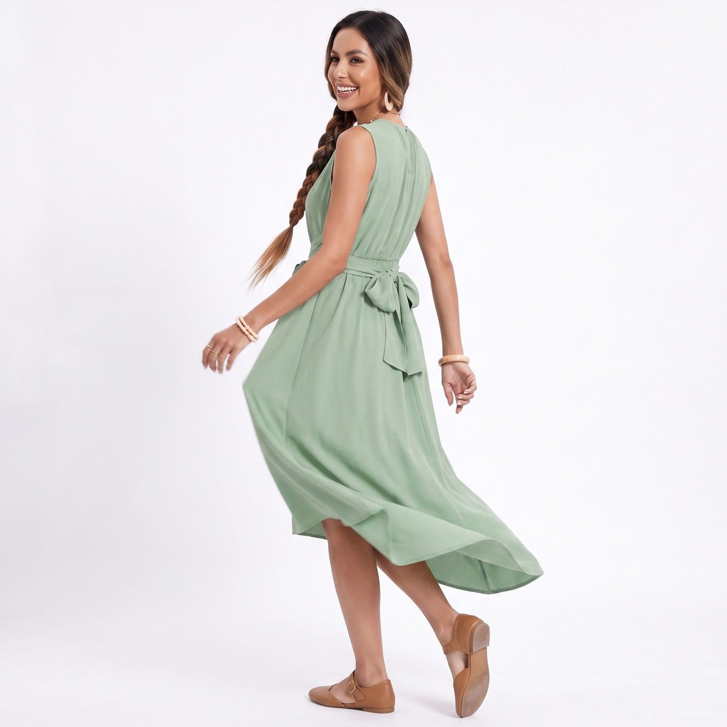 High Low Midi Dress Sleeveless Tie Waist Flowing A Line Dress