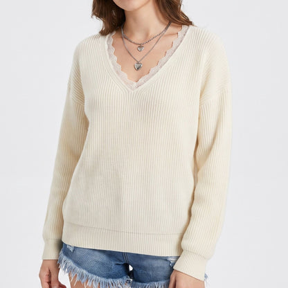 Lace Trim V Neck Long Sleeve Knit Pullover Sweater