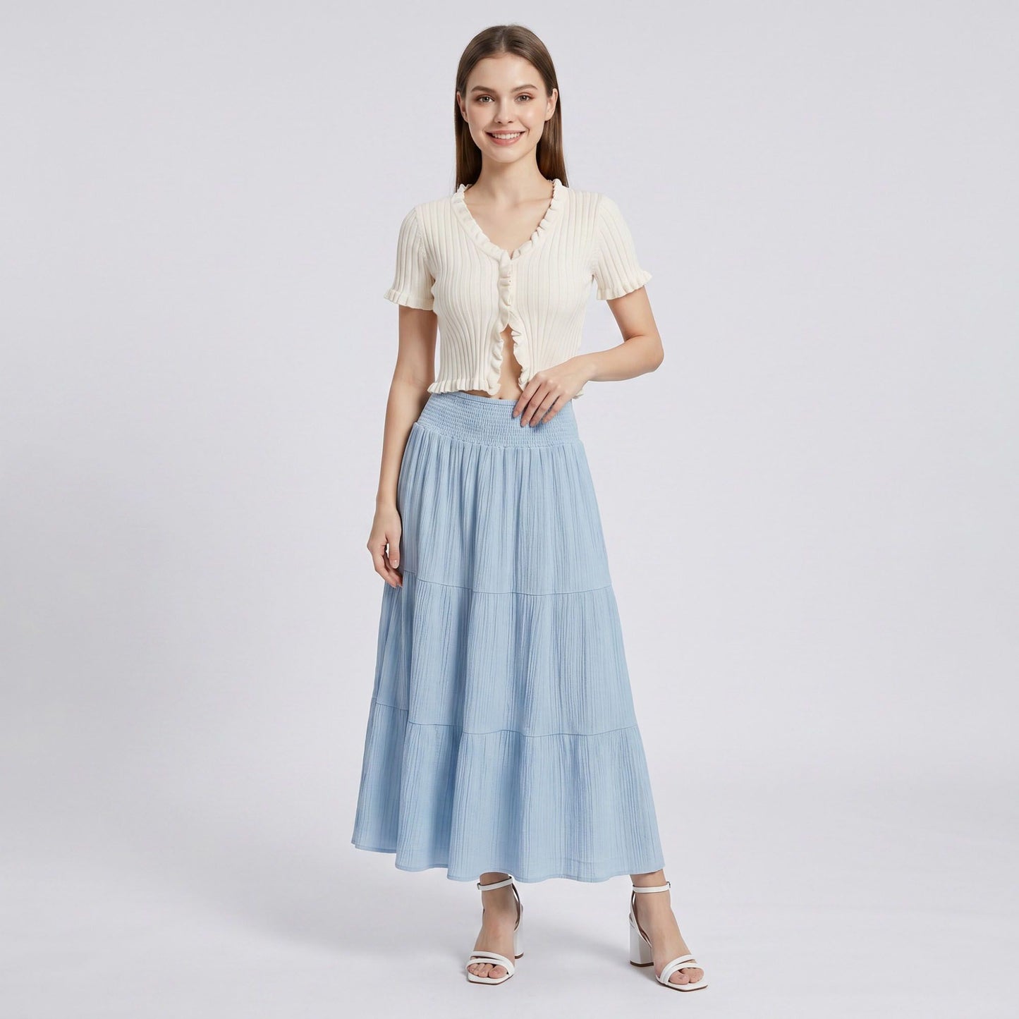 High Waist Smocked Tiered Maxi Skirt Boho Flowy Textured Long Skirt
