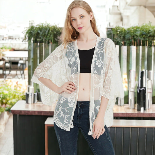 Short Embroidered Lace Duster Crop Cardigan Half Sleeves