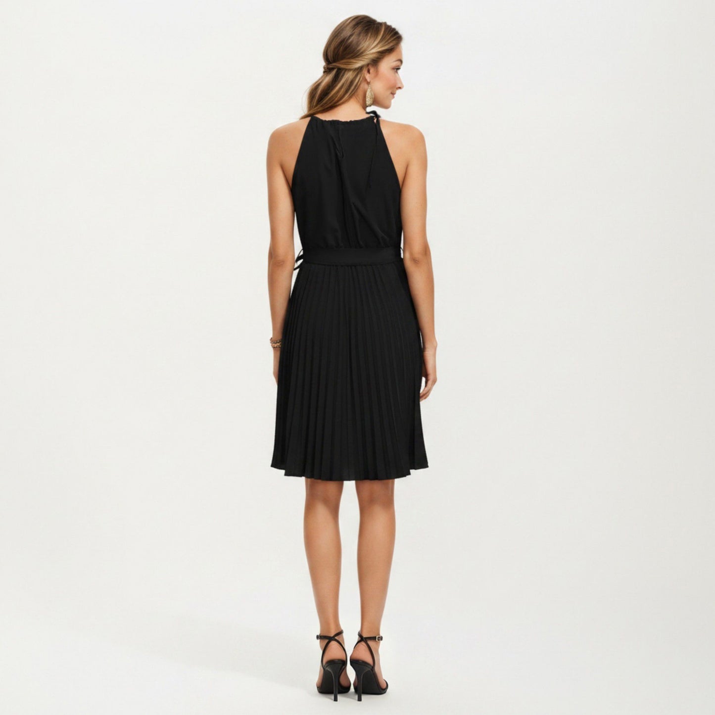 Sleeveless Halter Midi Dress with Pleated Skirt and Waist Tie