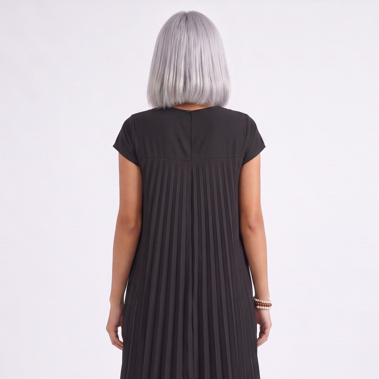 Crew Neck Short Sleeve Accordion Pleated Midi Dress